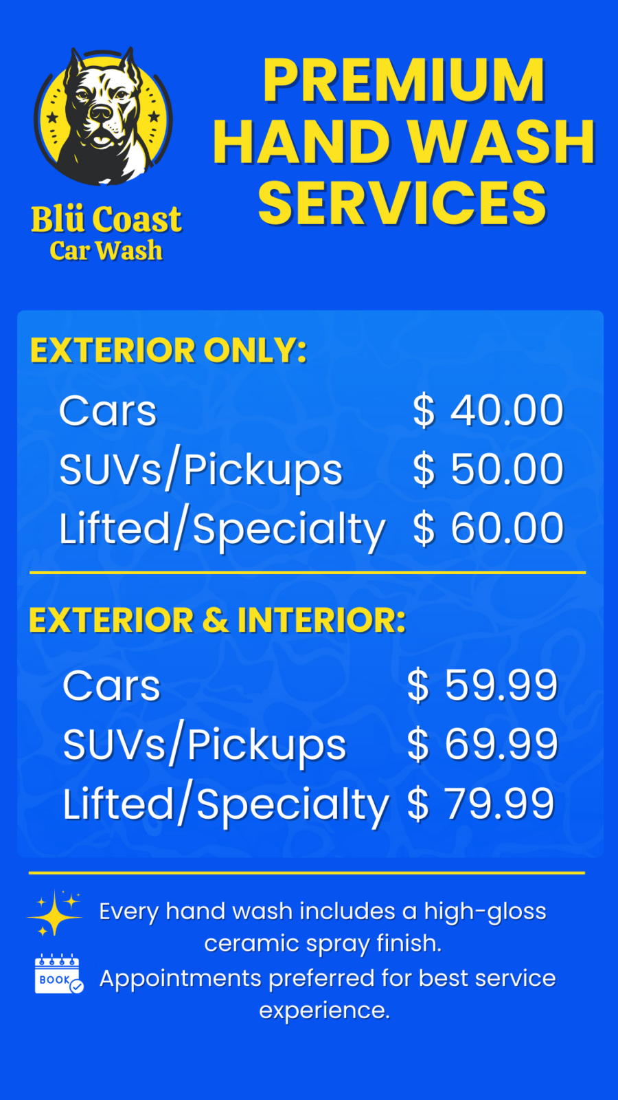 Blu Coast Car Wash Hand Wash Menu